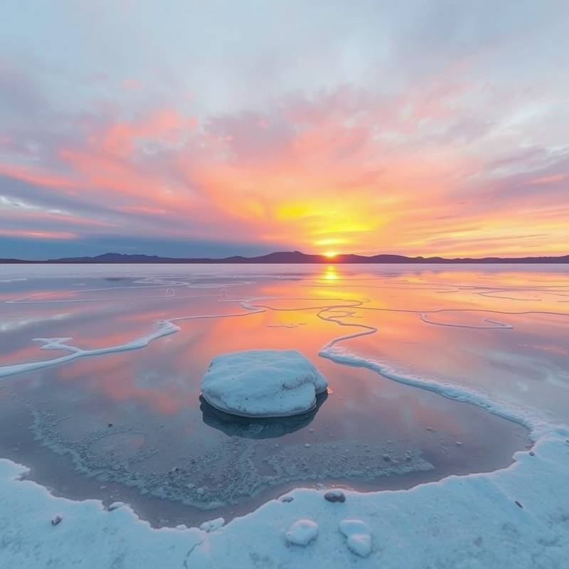 Foto ampliada de un amanecer en el Salar de Uyuni, Bolivia durante una excursión