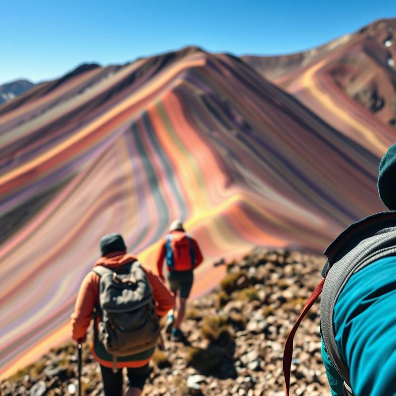 Foto ampliada de un grupo de excursionistas en la montaña Rainbow Mountain, Perú durante una excursión