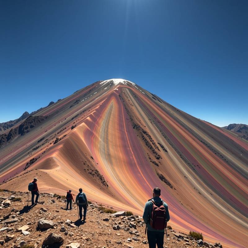 Foto de un grupo de excursionistas en la montaña Rainbow Mountain, Perú durante una excursión