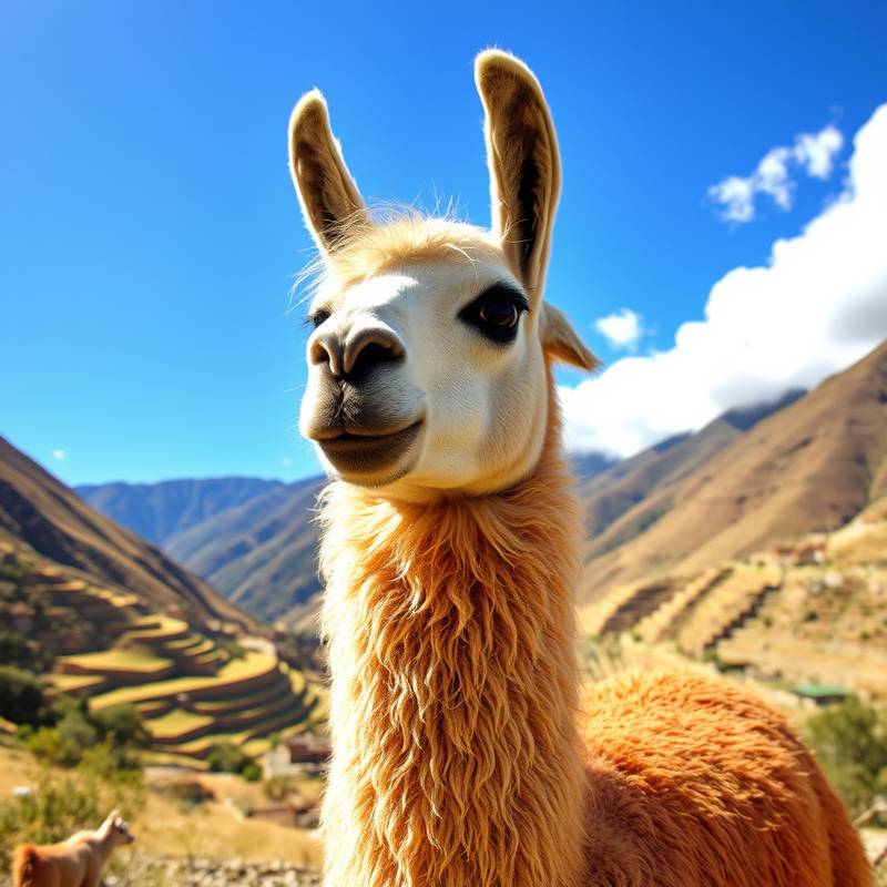 Foto de una llama en el Valle Sagrado de los Incas, Perú durante una excursión